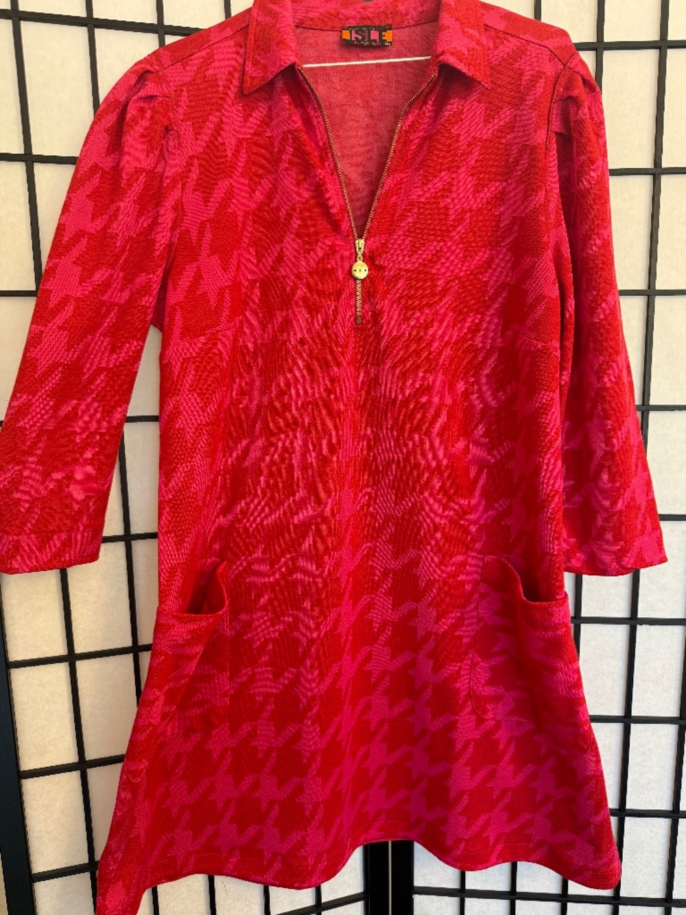 Isle by Melis Kozan Red-Pink Houndstooth Knit Quarter-Zip Dress